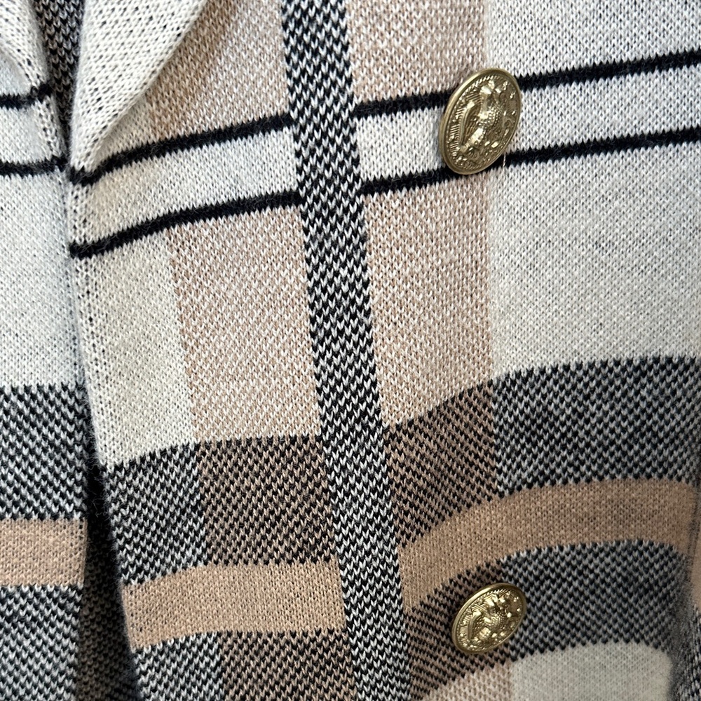 Anne Klein Long Stylish Plaid Sweater with Gold Buttons - Picture 4 of 5